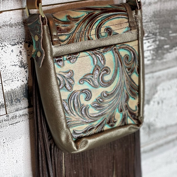 Metallic bronze and accents in turquoise and brown embossed crossbody purse - Picture 14 of 15